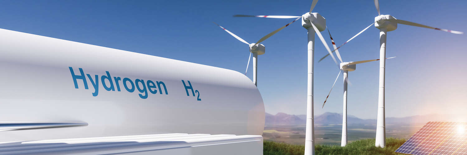 Hydrogen, wind turbines and solar array graphic
